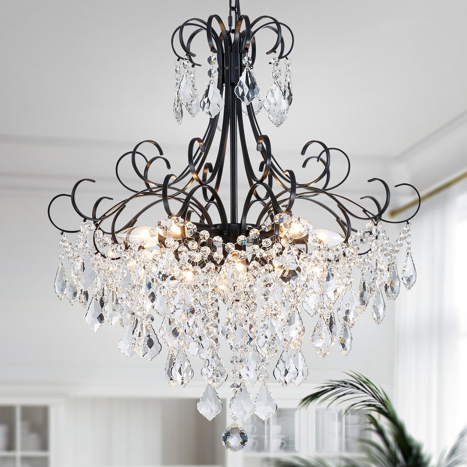 Photo 1 of **FACTORY SEALED** WUZUPS Crystal Chandelier 10-Light Pendant Ceiling Light Modern Lighting Fixture for Dining Room Hallway Bedroom Kitchen Bathroom, H 27.6" x W 22.8", E12 Base, Black