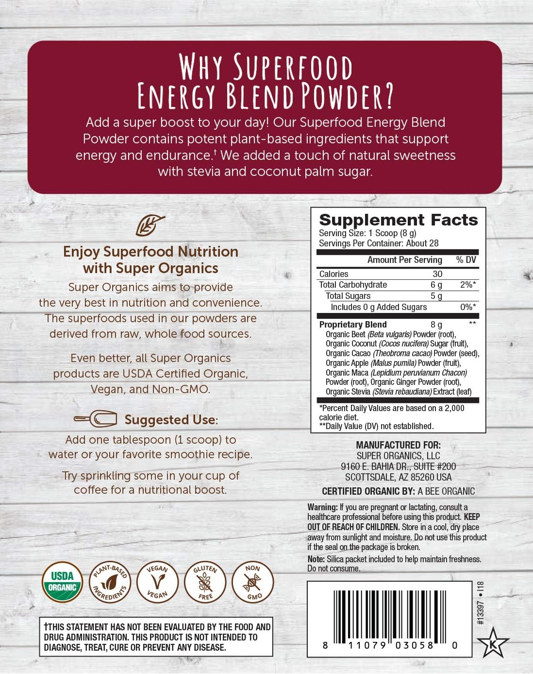 Amazon.com: Super Organics Raw Organic Powder, 8 onzas, 1 ...