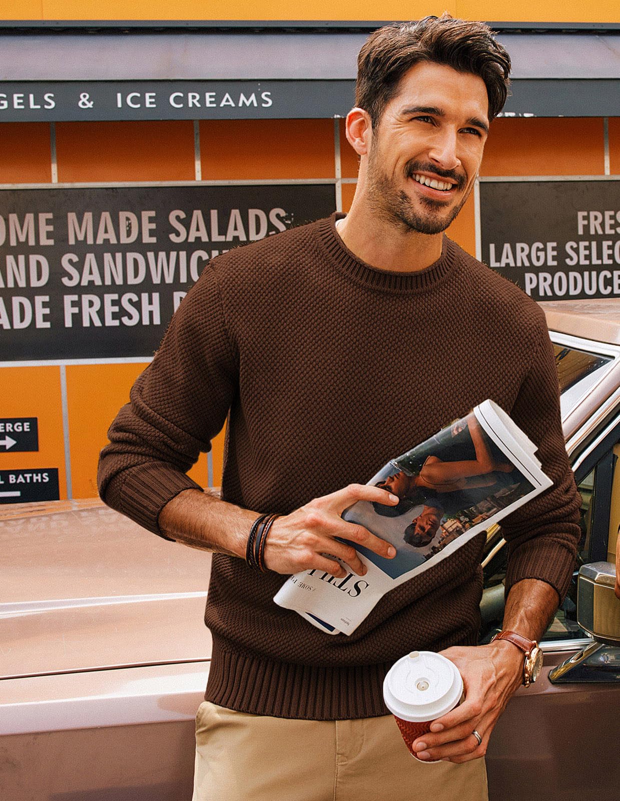 PJ PAUL JONES Herren Feinstrick Pullover Regular Fit Langarm Gerippte Mode Zopfstrickpullover (Dunkelbraun, L) 3