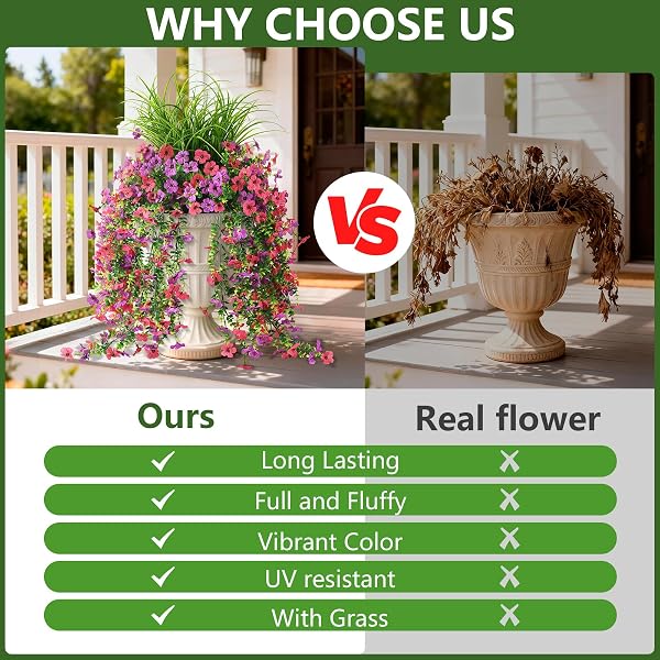 ARTIFICIAL HANGING FLOWERS FOR OUTDOORS WITH WHEAT GRASS, 5 PCS FAKE HANGING PLANTS FOR SPRING DECOR, UV RESISTANT FAUX SILK FLOWER GREENRY FOR PLANTER PORCH PATIO YARD GARDEN(PURPLE HOT PINK)