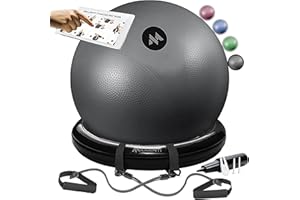 Millenti Exercise Ball Chair 65cm - Yoga Ball Chair Stability Base Ring Kit & Fitness Resistance Bands For Home, Gym Bundle, Pilates Ball, Office Chair, Birthing Ball For Pregnancy - With Workout Chart