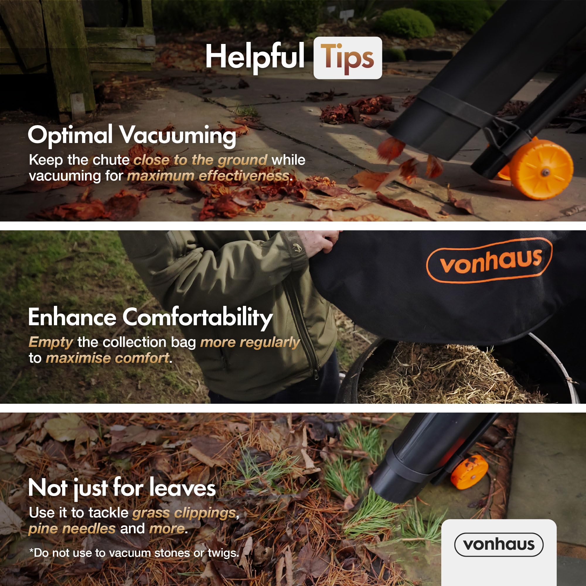 VonHaus Leaf Blower and Vacuum 3000W – Corded Leaves Collector, Clear Gardens, Patios, Gutters, Driveways & More – Lightweight, 10m Cable, Shoulder Strap, Wheels, 35L Collection Bag – 3 Year Warranty