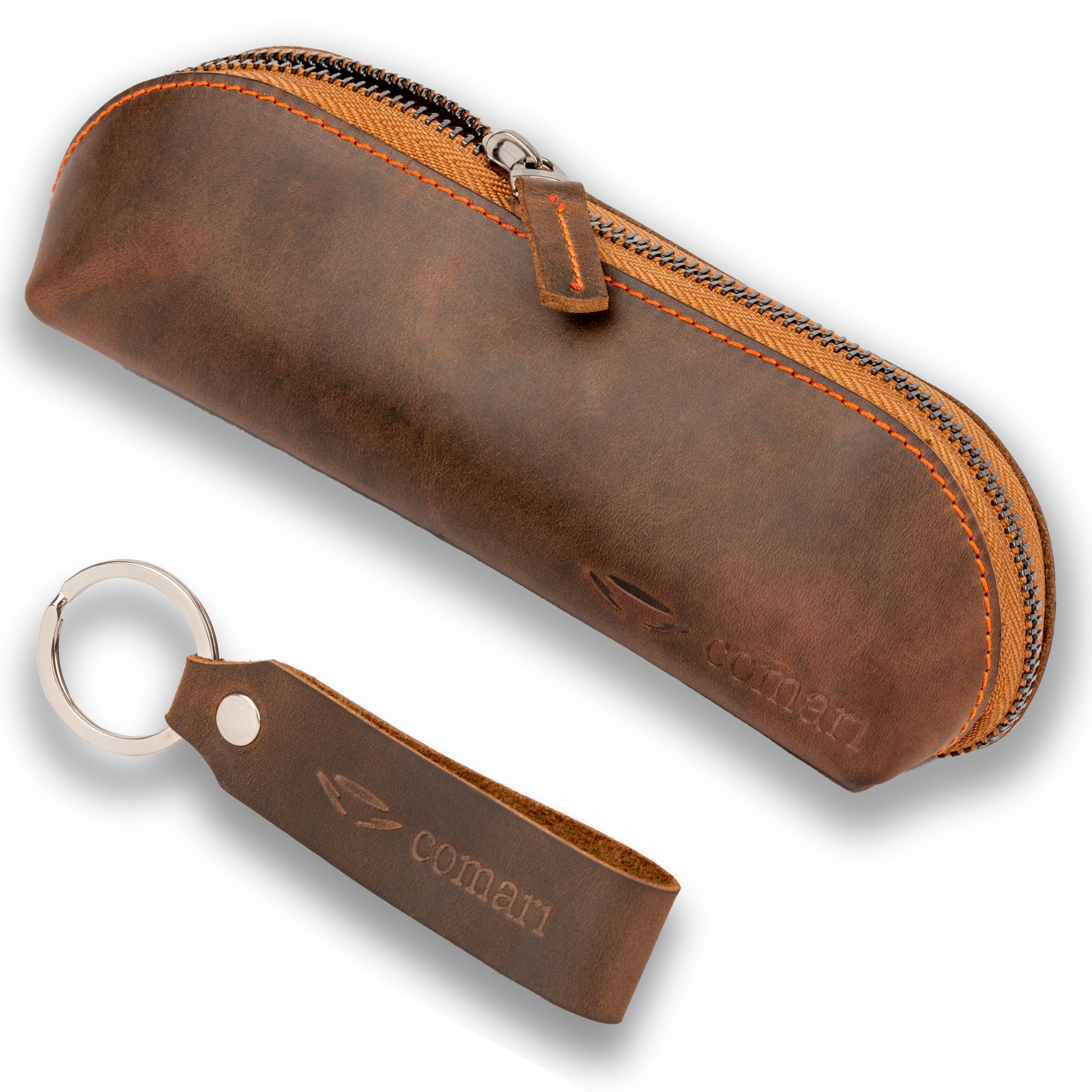 comari Premium Etui - Real Leather Pencil Case - Long Metal Zip - Free Keychain - Handmade Pen Pouch Genuine Leather (Vintage Brown)