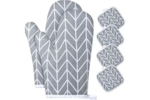 AUAUY Oven Mitts and Potholders BBQ Gloves-Oven Mitts and Pot Holders with Recycled Infill Silicone Non-Slip Cooking Gloves for Cooking Baking Grilling (6-Piece Set,Grey)