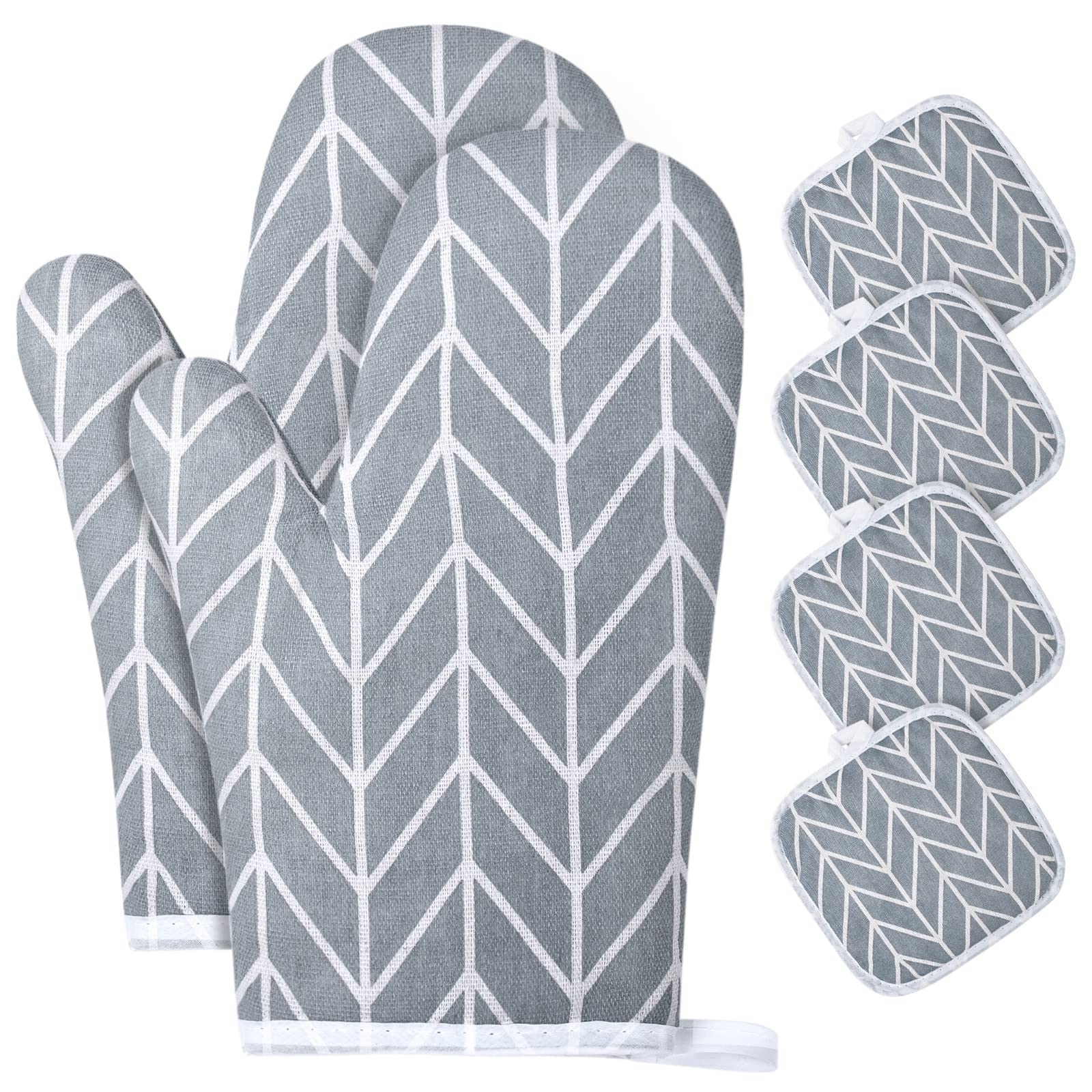 AUAUY Oven Mitts and Potholders BBQ Gloves-Oven Mitts and Pot Holders with Recycled Infill Cotton Non-Slip Cooking Gloves for Cooking Baking Grilling (6-Piece Set,Grey)