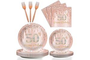 ZOIIWA 96 Pieces 50th Birthday Tableware Set for Pink Rose Gold 50th Birthday Table Decorations Supplies Pink Rose Gold Happy 50 Years Old Dessert Paper Plates Napkins Forks for 24 Guests Women Supplies