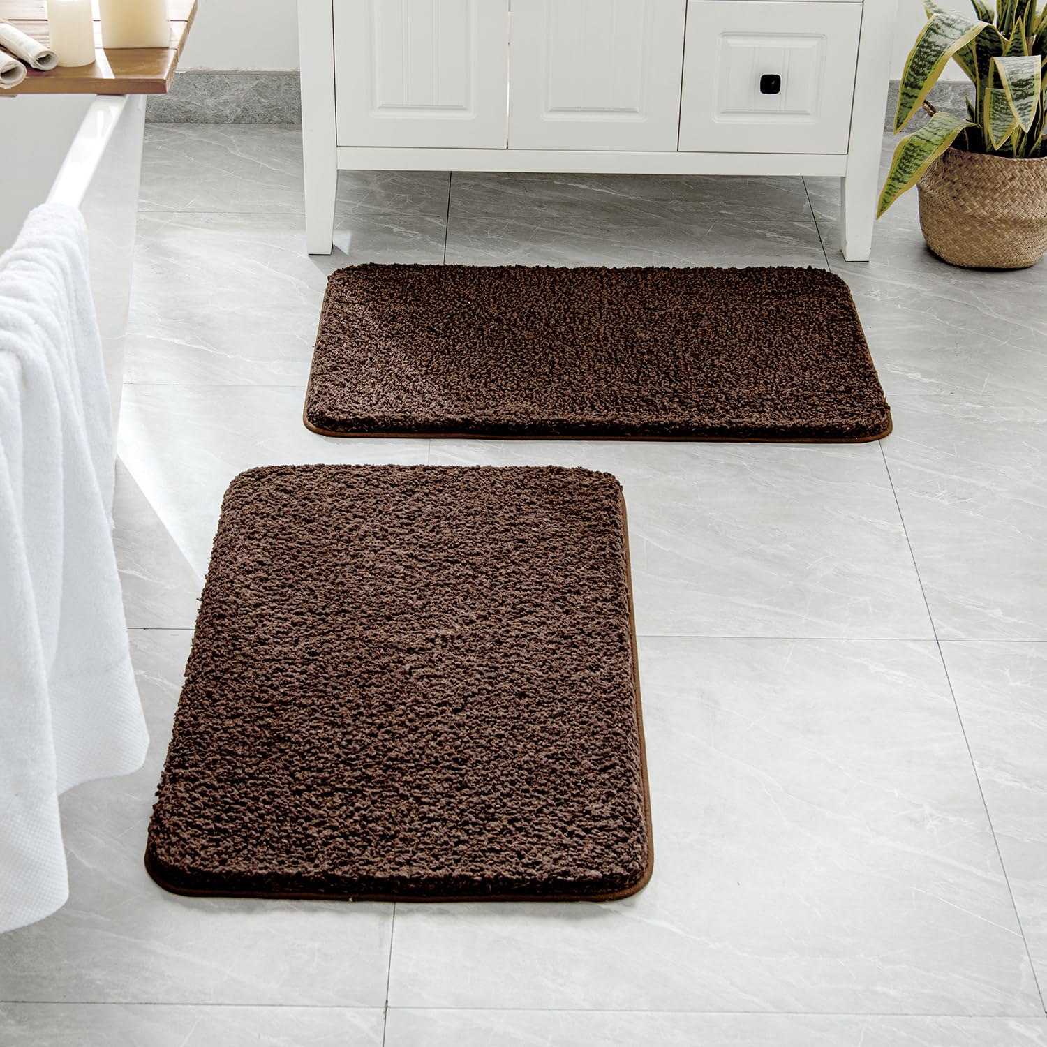 Photo 1 of MIULEE Set of 2 Non Slip Shaggy Bathroom Rugs Extra Thick Soft Bath Mats Plush Microfiber Absorbent Water for Tub Shower Machine Washable (Brown, 16x24 Inches)