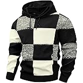 KAVIANA Men's Checkerboard Hooded Sweater Color-Block Hoodie Waffle-Knit Textured Pullover Casual Retro Streetwear