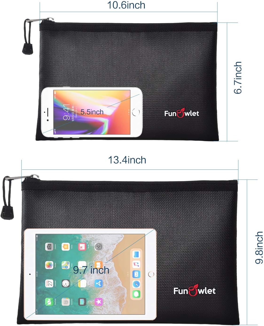 Fireproof Safe Money Document Bags - 2 Pack 13.4" x 9.8" and 10.6" x 6.7" Waterproof Zipper Bag, Fire & Water Resistant Storage Organizer Pouch for A4 A5 Documents Holder,File,Cash,Passport,Tablet: Office Products