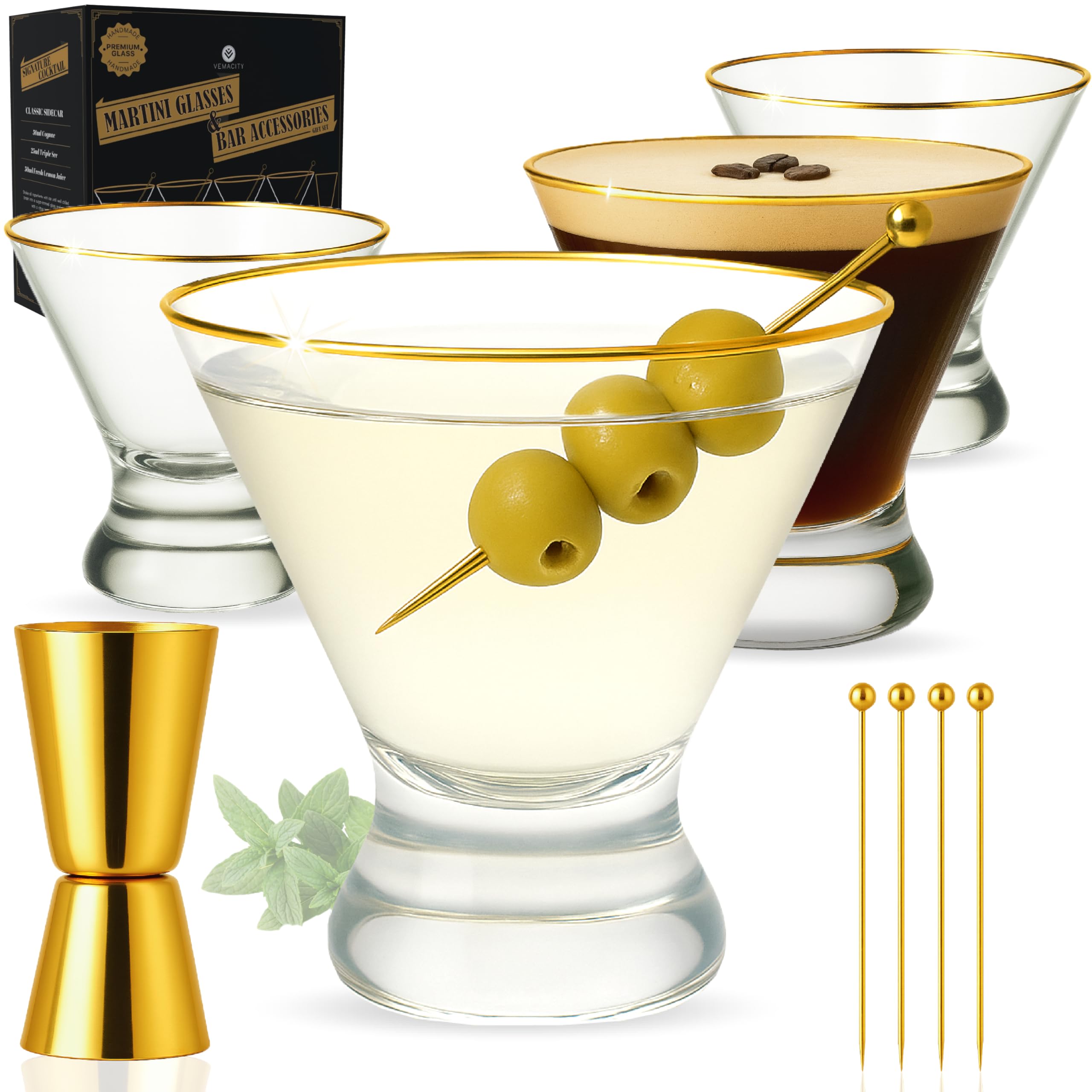 VEMACITY Stemless Martini Glasses Set of 4 | Hand-Applied Gold Rim | Includes Gold Jigger & Picks | Crystal Cocktail Glasses & Bar Tools Image