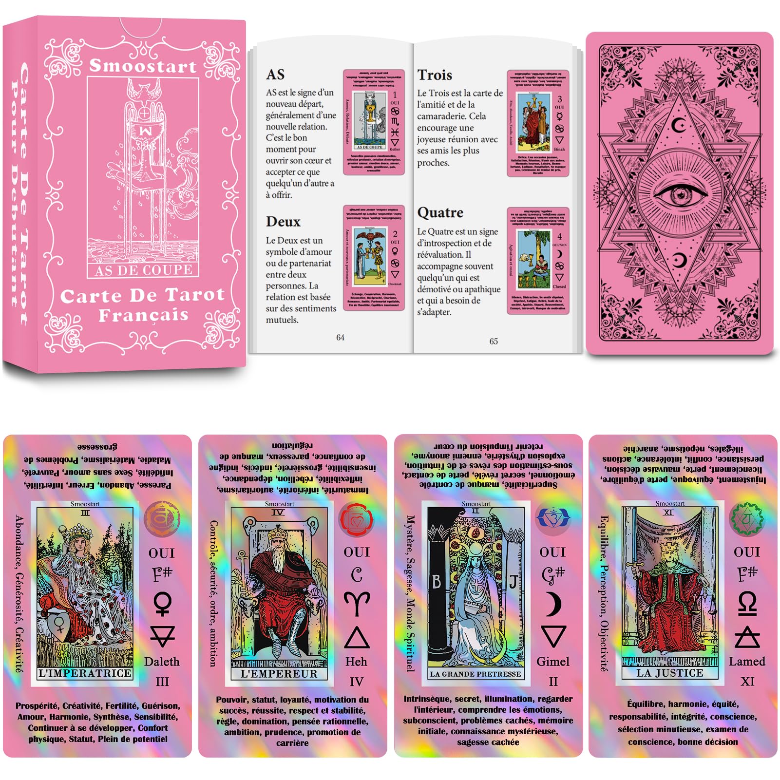 Smoostart French Pink Tarot Cards with Meanings, Tarot Cards Deck with Guidebook for Beginners, Keywords, Element, Planet, Zodiac, Chakra, Yes or No, Musical Pitch, Numerology, Hebrew Alphabet