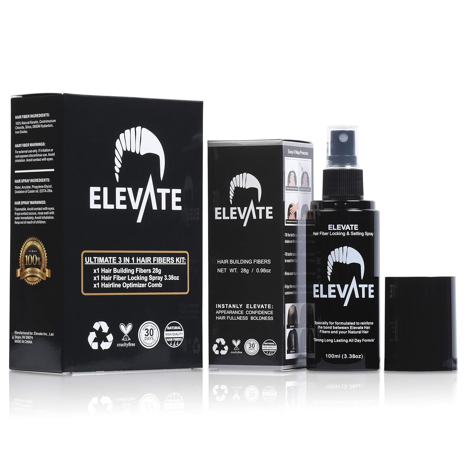 ELEVATE Hair Ultimate Perfecting 3-in-1 Kit Set Includes Natural Hair Thickening Fibers | Locking & Setting Hold Hair Spray | Hairline Optimizer Comb | Instantly Conceal & Thicken Hair (Dark Brown): Beauty