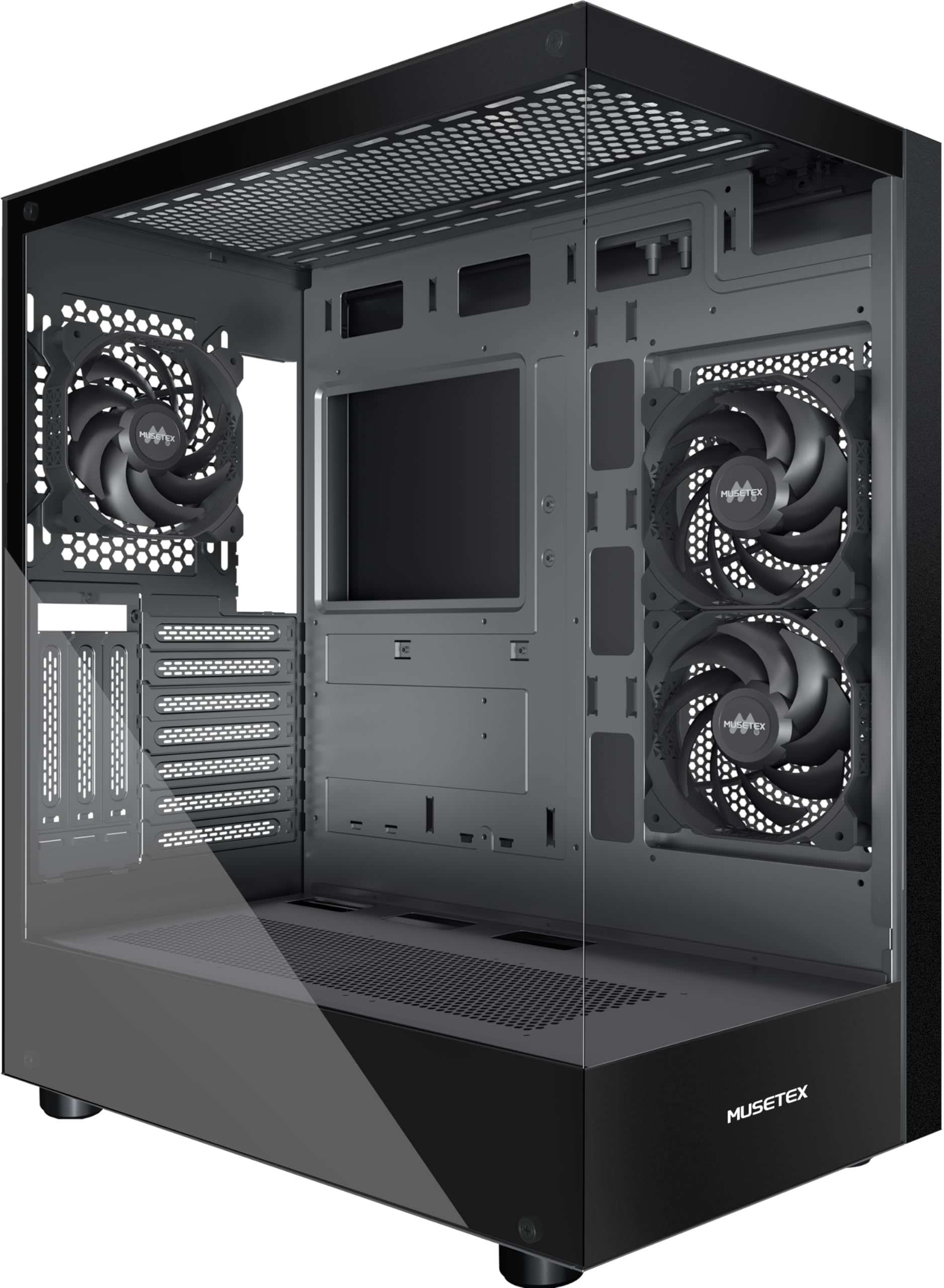 Case PC MUSETEX GR3 ATX – Montaggio Verticale GPU, 5 Ventole ARGB Preinstallate, Vetro Panoramico 270°, Nero