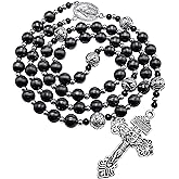 Nazareth Store Men’s Pardon Hematite Rosary Black Beads Catholic Prayer Beads Stainless Knotted Necklace Miraculous Medal Our Father Cross Spiritual Gift