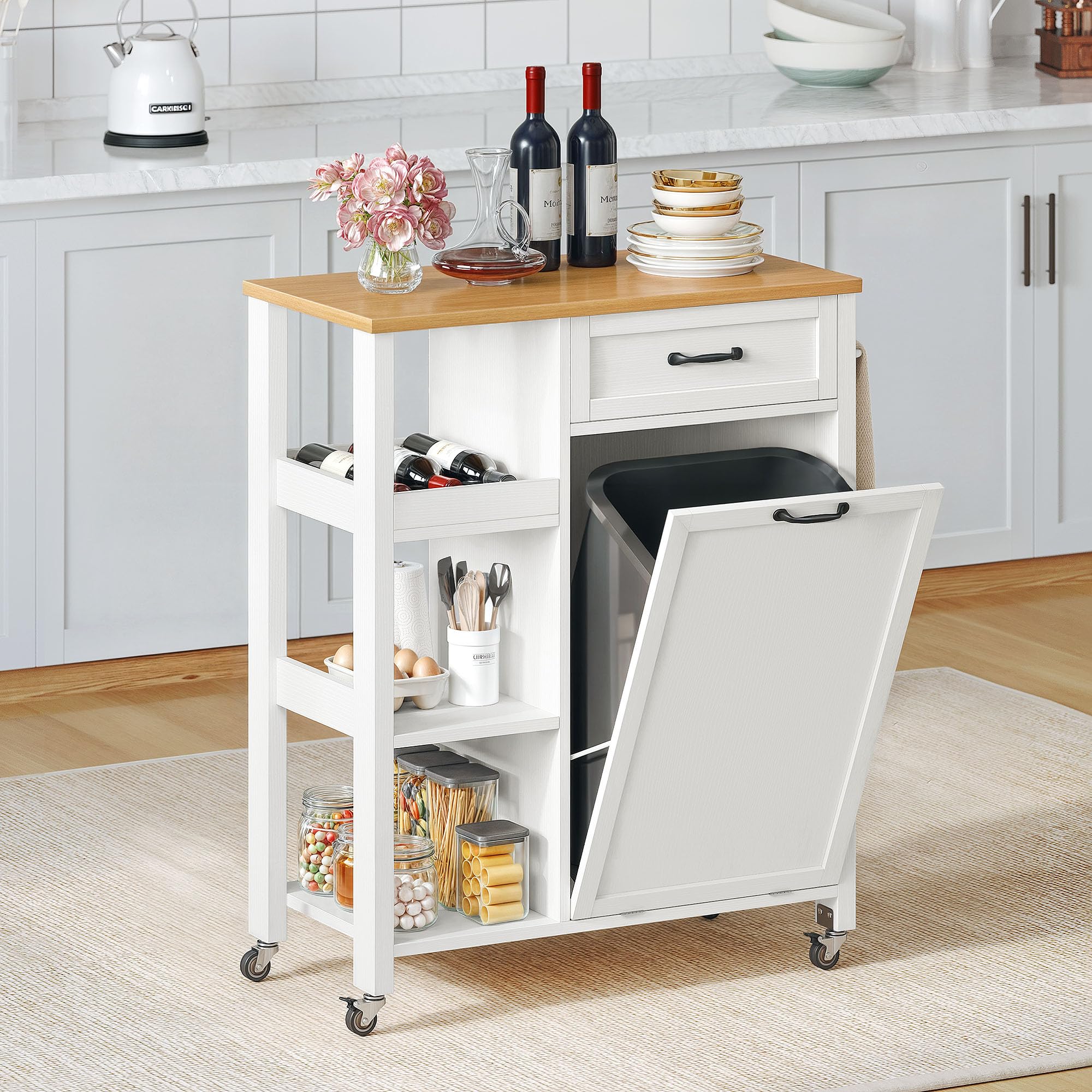 Photo 1 of **MISSING SCREWS*****DWVO Rolling Kitchen Island Cart, Tilt-Out Trash Can Cabinet, Kitchen Trash Recycling Cabinet Fits 10 Gallon Garbage Bin, 30" Portable Mobile Storage Islands with Drawers & Shelves, White