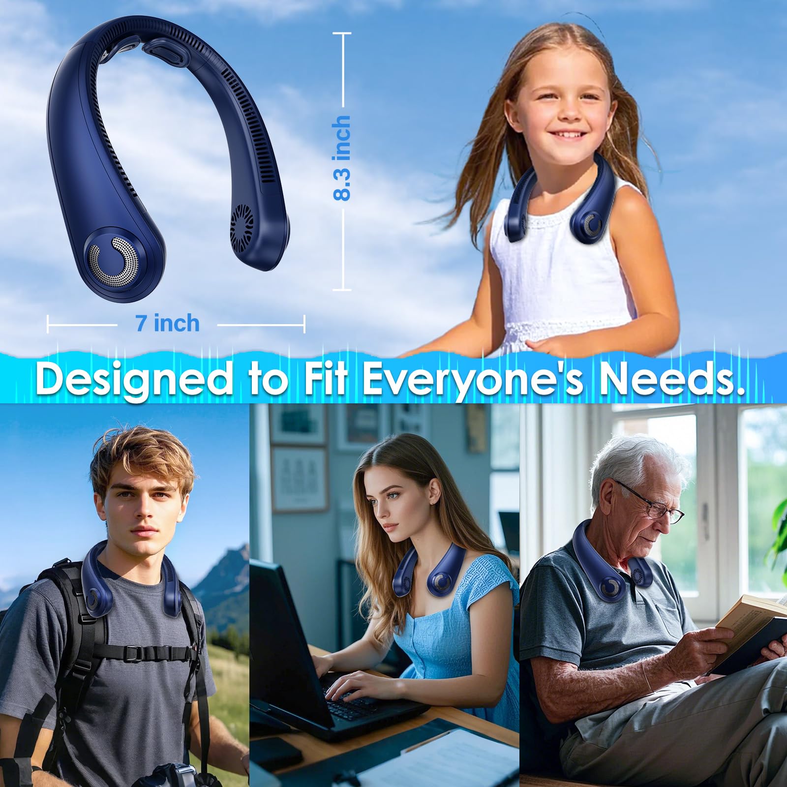 Portable Lightweight Neck Fan Rechargeable, 5 Speeds, Neck Support, USB Personal Bladeless Wearable Cooling Neck Fan for Hot Flashes, Disneyland, Travel, Christmas Gift for Men Women (Blue)