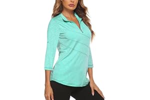 Koscacy Women's 3/4 Roll Sleeve Golf Tennis Polo Shirts UPF50+ Half Zip Dry Fit Workout Tops Athletic Shirt