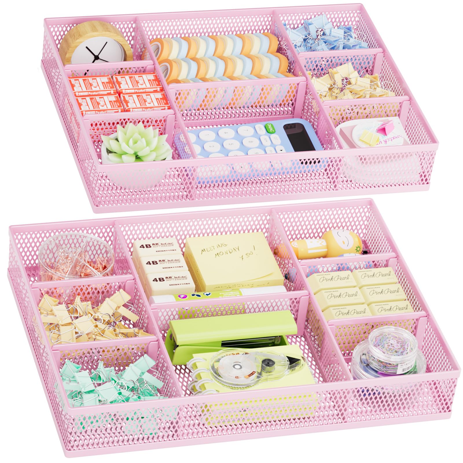 Photo 1 of Marbrasse 2 Pack Desk Drawer Organizer, Mesh Drawer Organizer Tray with 8 Adjustable Compartments, Desk Organizers and Accessories, 5 Dividers Drawer for Office Supplies, Makeup & Vanity (Pink)