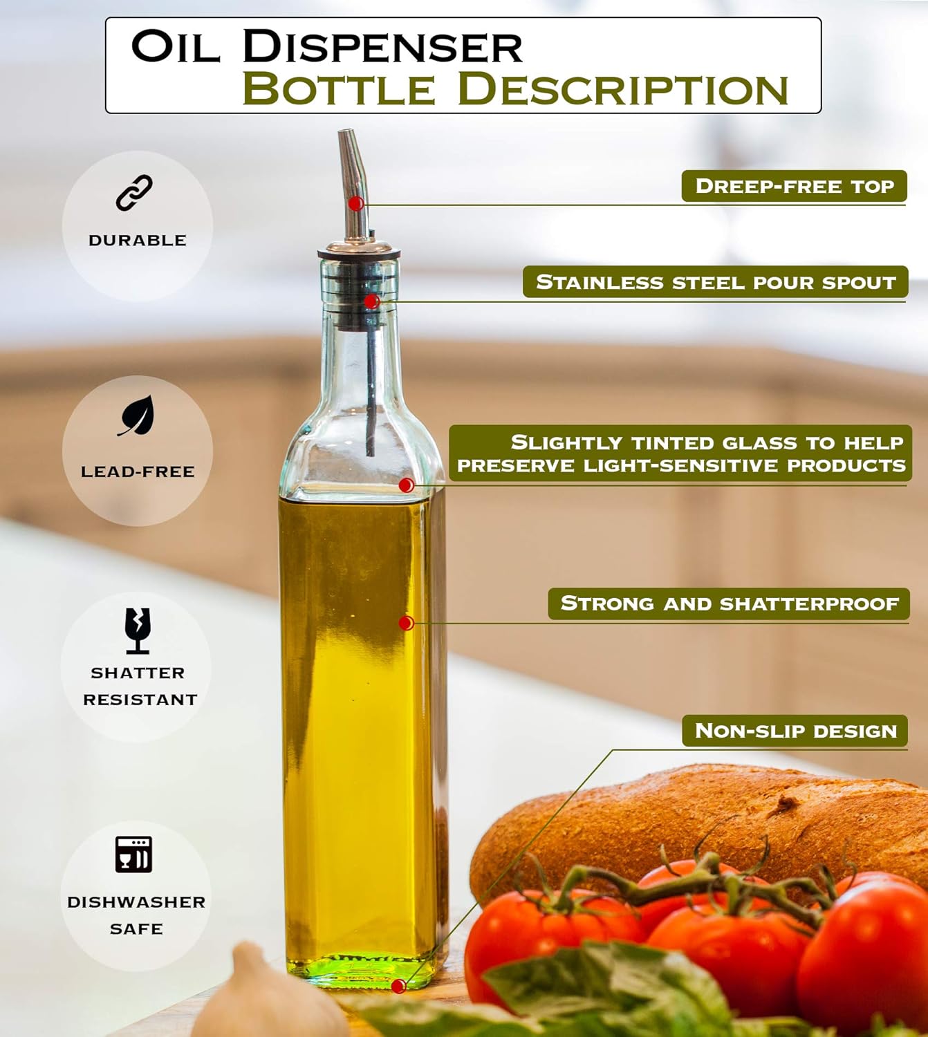 eHomeA2Z Italian Glass Oil And Vinegar Cruet 16 Oz, Olive Oil Dispenser With Stainless Steel Spout, Slight Green Tint (1, 16 oz): Home Improvement