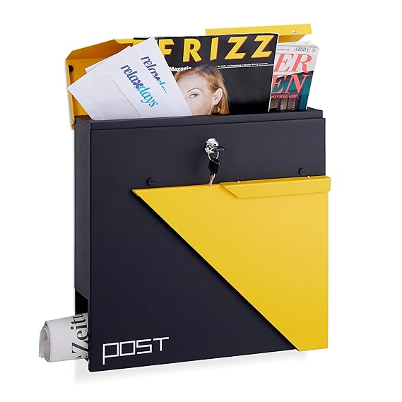 Relaxdays Briefkasten mit Zeitungsrolle, abschließbar, Din A4, Design Postkasten, HxBxT: 37 x 37 x 13 cm, schwarz-gelb