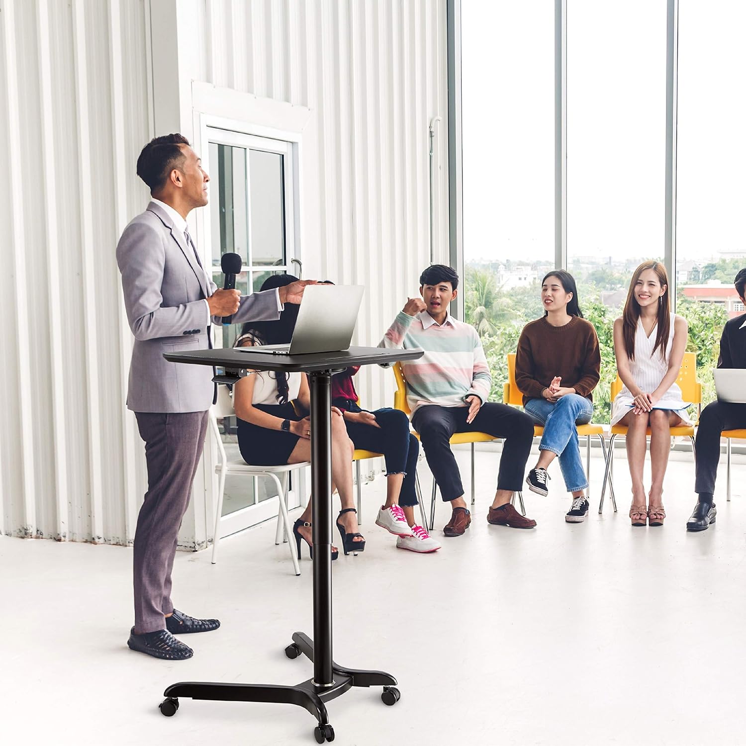 AVLT 48" Pneumatic Adjustable Height Desk (4 ft) - Adjustable Laptop Desk - Mobile Rolling Desk - Computer Cart - Rolling Height Adjustable Folding Desk - Mobile Black Cart with Brake Casters : Office Products