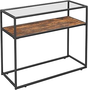 VASAGLE Console Table, Tempered Glass Top and Sturdy Steel Frame, Easy Assembly, for Living Room Hallway Entrance, Industrial, Rustic Brown and Black ULNT10BX