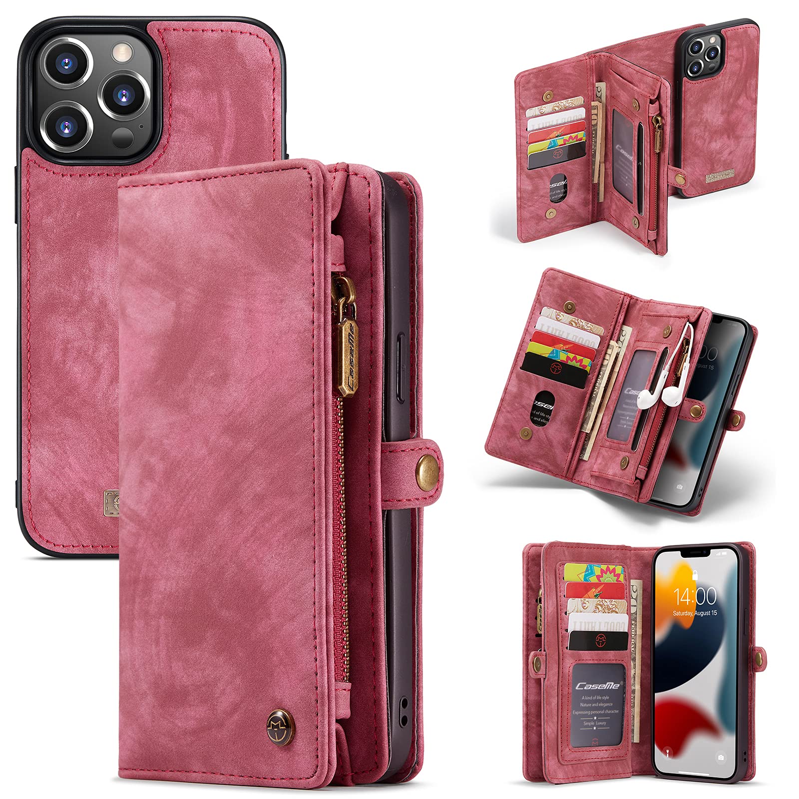 CaseMe Leather Flip Wallet Case for iPhone 13 Pro Max,Detachable Back Magnetic Closure 2-in-1 Shockproof Zipper Purse Cover with Card Slots (13 Pro Max, Red)
