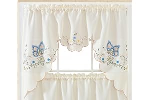 GOHD GOLDEN OCEAN HOME DECOR GOHD - Dancing Butterfly. 3pcs Multi-Color Embroidery Cafe Curtain/Swag & Tiers Set with cutworks. (Blue)