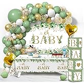 Sage Green Baby Shower Decorations for Boy Girl 106pcs Greenery Balloon Arch Kit, Baby Box,Tablecloth and Backdrop for Boho W