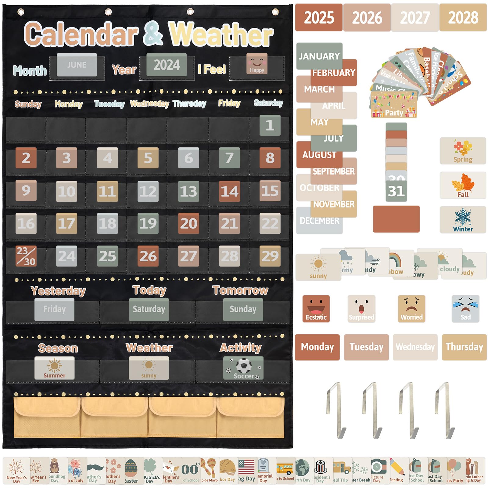 Photo 1 of Boho Calendar and Weather Pocket Chart for Kids with 148 Cards Classroom Calendar Pocket Chart School Homeschool Calendar Classroom Supplies Large 44.5" x 28.3"