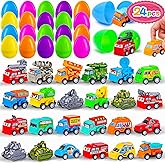 MGparty 24 Pack Prefilled Easter Eggs with Car Toys for Kids Bulk Plastic Eggs Pull Back City Truck Vehicles Easter Goodie Bags Stuffers for Toddlers Boys Girls