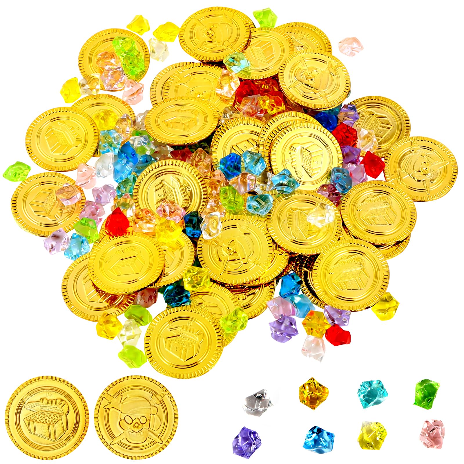 Vicloon Pirate Treasure Gems and Gold Coins, 150 Pcs Treasure Hunt Kit with 100 Fake Gems and 50 Plastic Golds Coins, Plastic Gold Coin οΌPlastics Gem for Boy Girl Halloween Pirate Themed Party β image 1