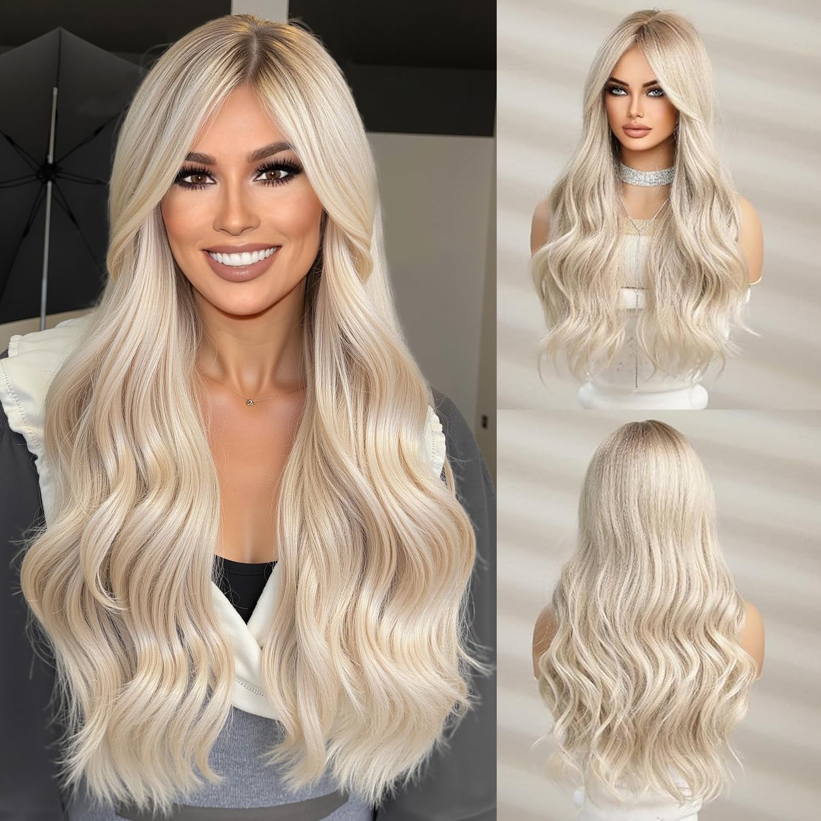 WOKESTAR Long White Blonde Wigs for Women Synthetic Hair Wig with Curtain Fringe — image 1