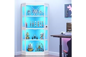 Jocoevol Corner Display Cabinet with Glass Doors, 4-Tier Display Cases for Collectibles with RGB Lights, 67'' Tall Corner Curio Cabinet with Human Body Sensor for Living/Game Room, White