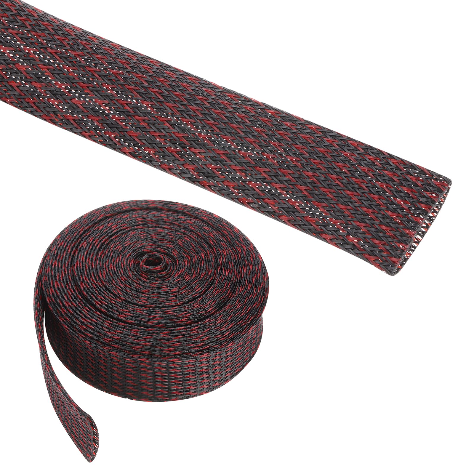 Rebower 25ft PET Expandable Wire Loom 1.5 Inch, PET Braided Wire Sleeving Cable Management Sleeve Tubing [for Audio Video Home Office Cord Protector]-Black Red