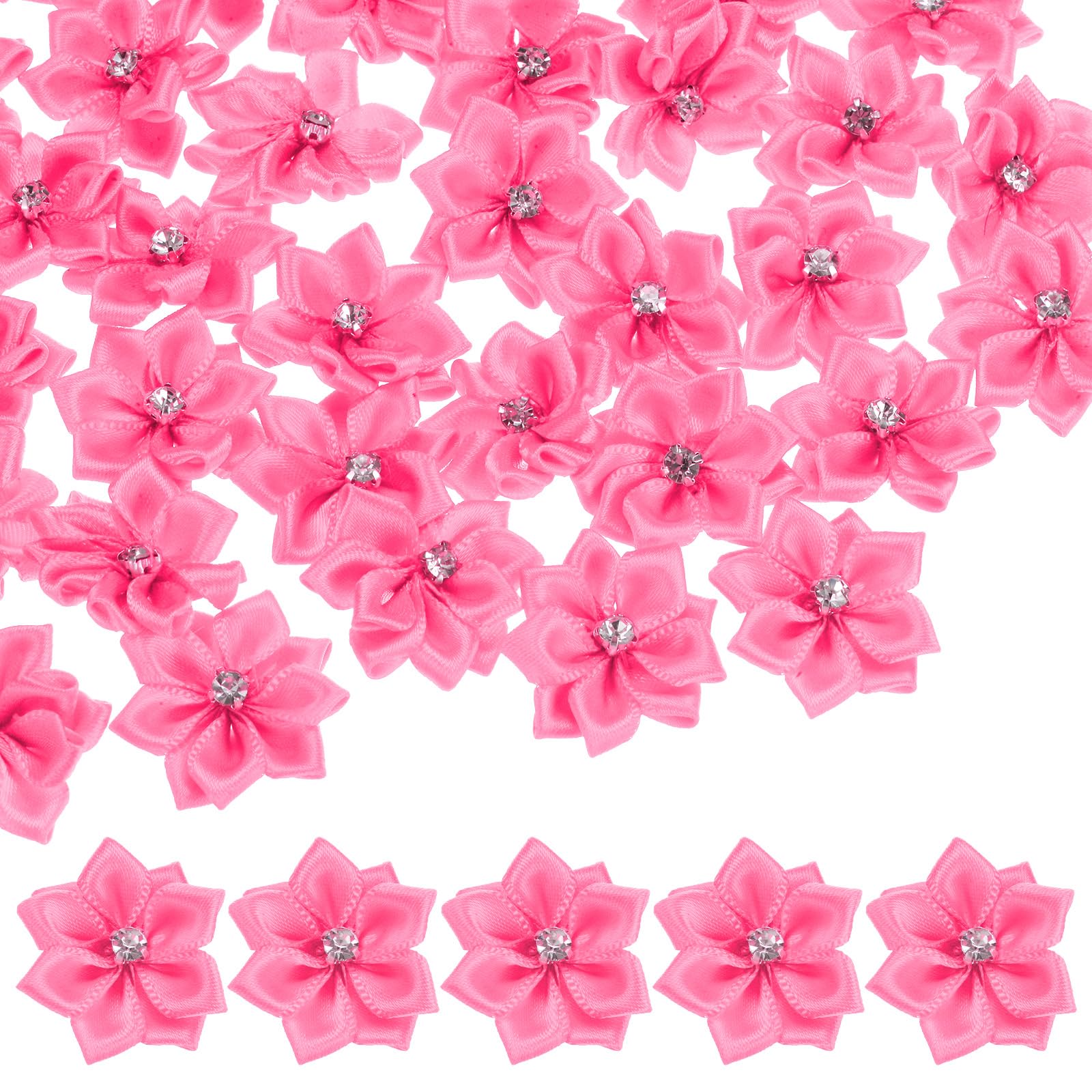 M METERXITY 150-pack Satin Ribbon Flowers, 1.2 Inch Mini Fabric Flowers with Rhinestones Flower Ribbon Appliques for Crafts DIY/Wedding/Ornament/Party/Home [Rose Pink]