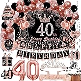 Rose Gold 40th Birthday Decorations for Women - Backdrop, Sparkle Crown Sash, Happy 40th Birthday Banner, Cake Topper, 40 Number Balloons, Hanging Swirl Decorations - 70pcs
