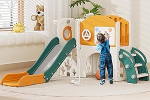 67i Indoor Toddler Slide with Drawing Board, Golf Set, Basketball Hoop - Kids Playground for 1-3 Year Olds, Non-Slip Steps & Storage Space (Green Yellow)