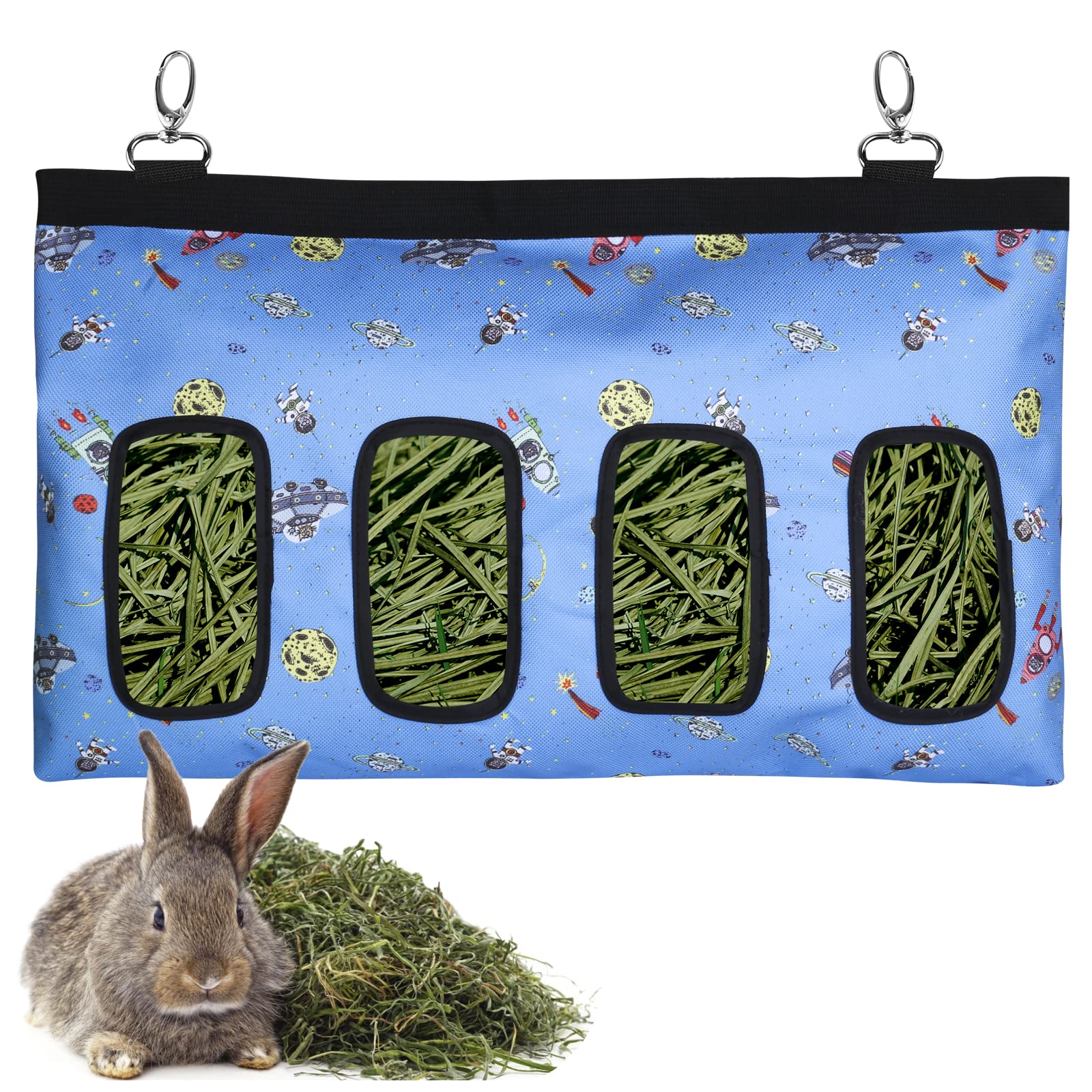 Rabbit Hay Feeder Bag Guinea Pigs Hanging Hay Rack Manger Holder Dispenser Small Animal Feeder Storage Pouch for Bunny Chinchilla Hamster (4 Windows, Pattern Blue)