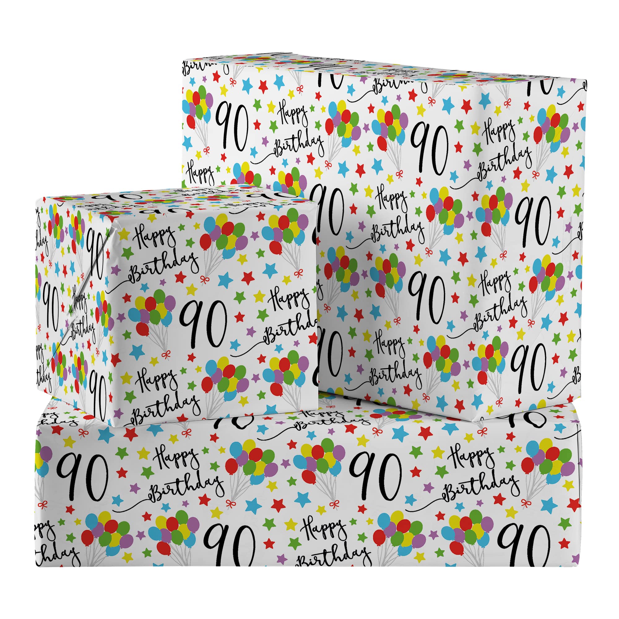 Hunts England - 2 Sheets Of 90th Birthday Luxury Wrapping Paper - Includes 2 Gift Tags - Age 90 Folded Gift Wrap For Him/Her - Iconic Collection - Colourful Age Ninety Gift Wrap