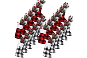 Skylety 24 Pcs Christmas Stockings Bulk Mini Xmas Buffalo Plaid Stocking Plush Cuff Hanging Decorations for Holiday Party Favors(24 Pcs,Red Black, Black White,Plaid)