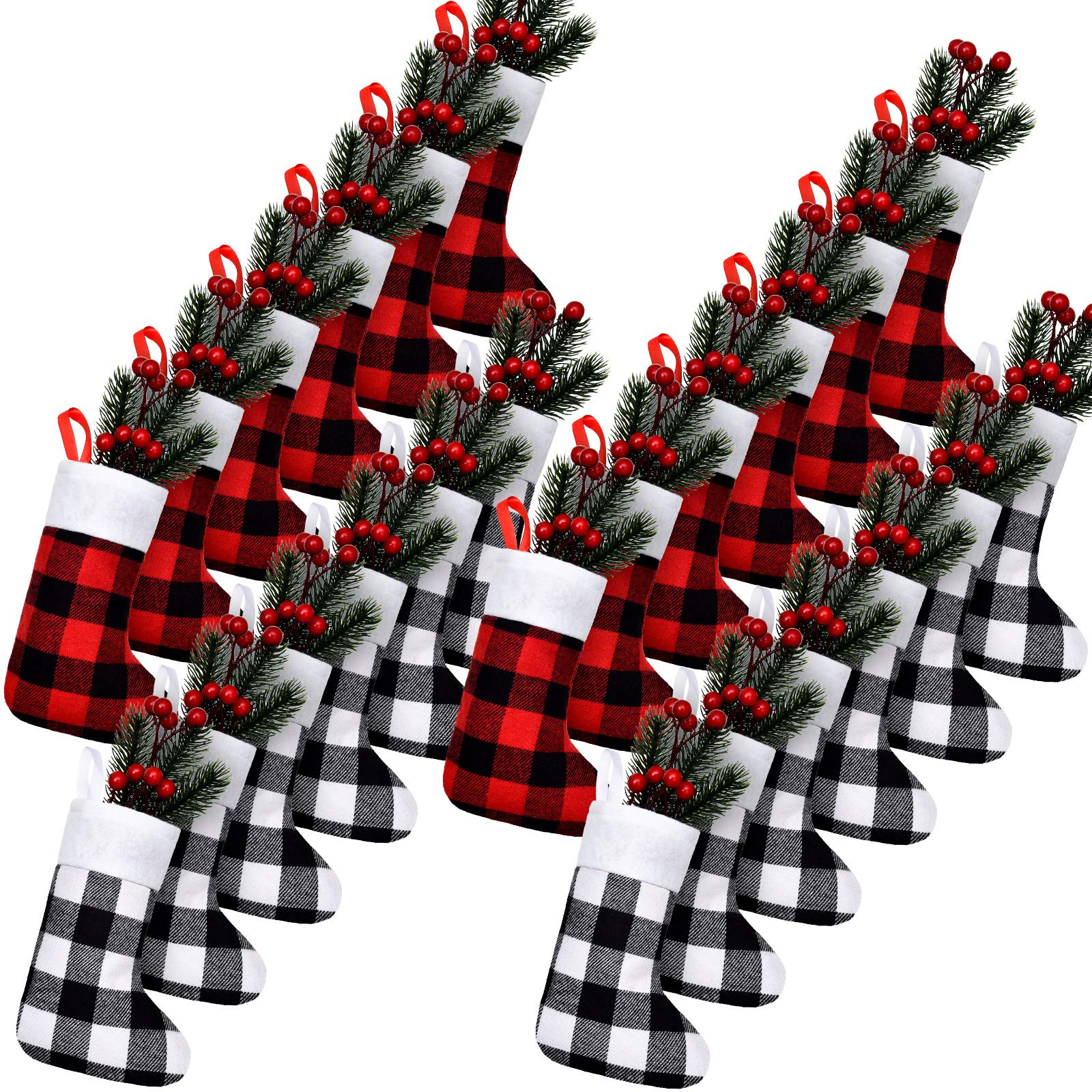 SKYLETY 24 Pieces Christmas Buffalo Plaid Stocking Classic Stocking Decorations Christmas Stockings with Plush Cuff for Family Christmas Holiday Party Decor (Red Black and Black White)