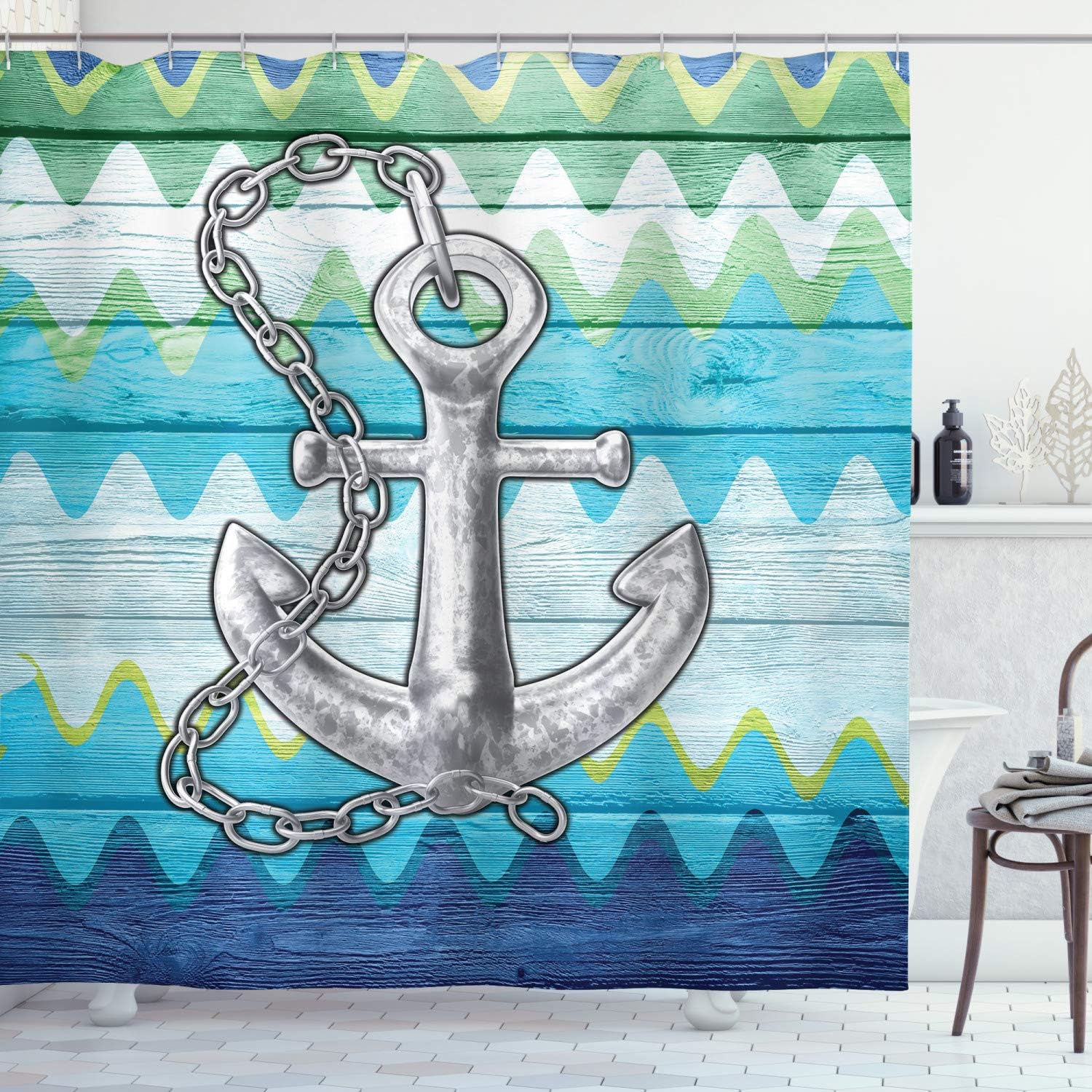 Amazon Com Ambesonne Anchor Shower Curtain Nautical Themed Anchor With Chains Motif On Colorful Chevron Zigzags Background Cloth Fabric Bathroom Decor Set With Hooks 70 Long Green Gray Home Kitchen