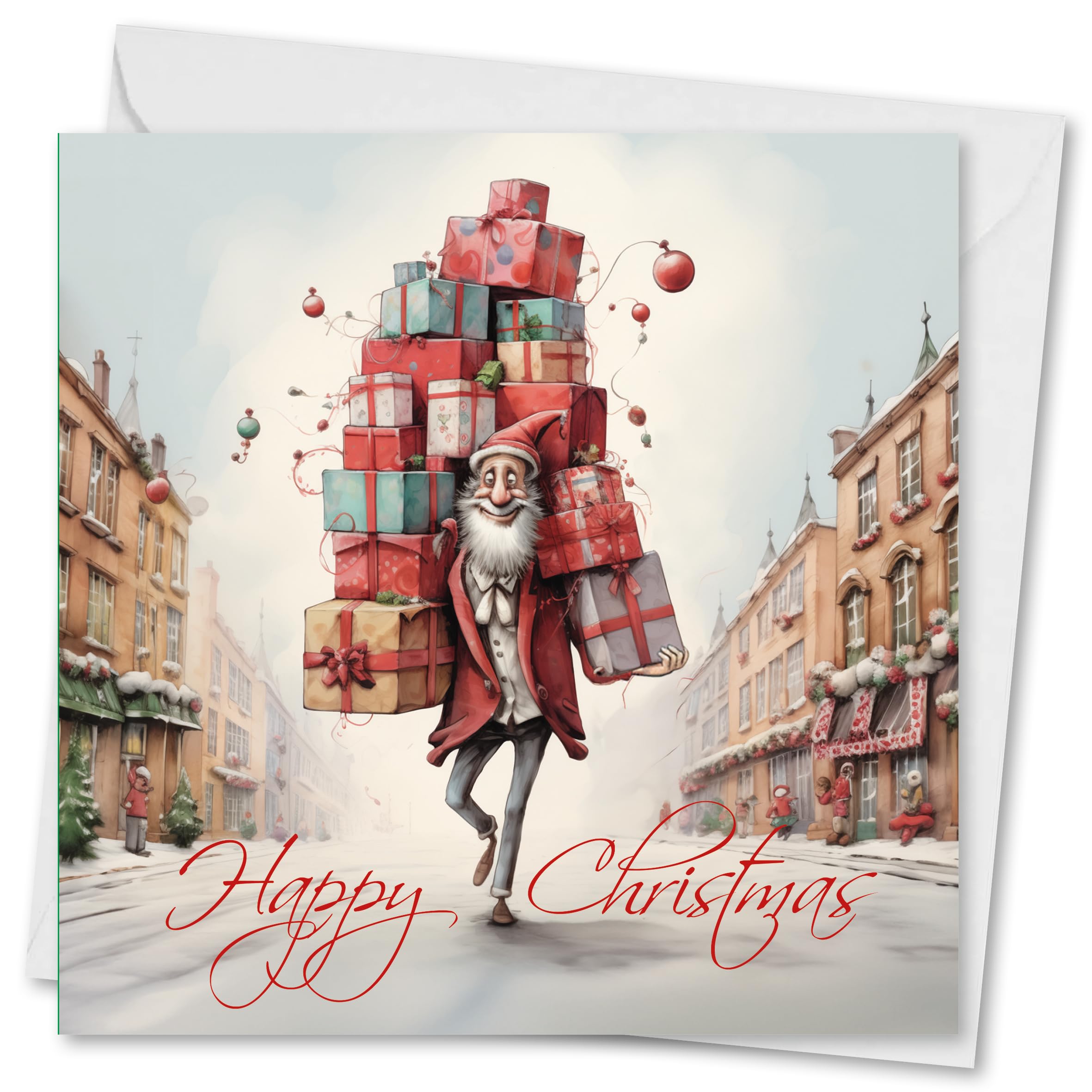 Charity Christmas Cards Pack of 10. Each Christmas Card Pack Contains a "Jolly Man with Presents" Designs. Ecofriendly and UK Made. Verse Inside. 150x150mm Card Size.