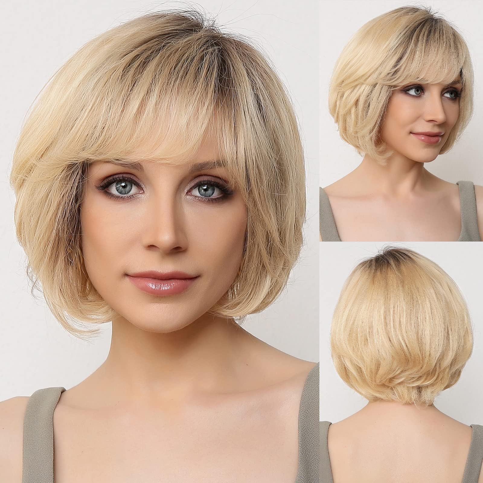 EMMOR Hand-Tied Lace Front Wig, 100% Human Hair Wigs for Women Natural Layered Wig, Wavy Different Style for White Women Blonde With Dark Roots