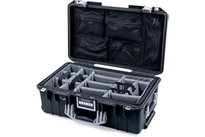 ColorCase Pelican Air 1535 Carry-on Case Black - Medium Size Waterproof Case with Gray Padded Microfiber Dividers & Mesh Lid Organizer - Silver Handles & Latches