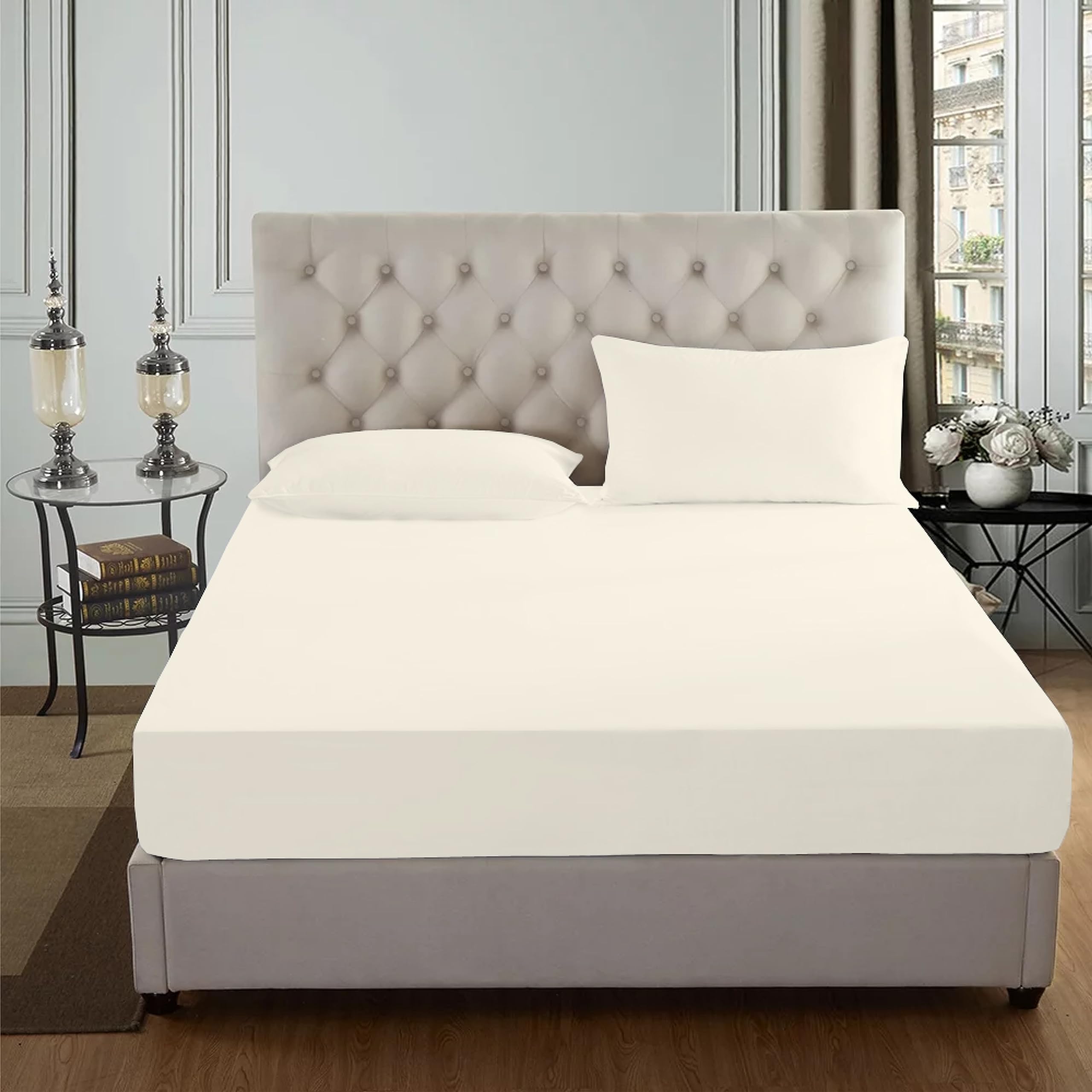 AmigoZone 100% Egyptian Cotton 200 Thread Count 25CM/10" Deep Fitted Sheet, Double - Cream — image 1