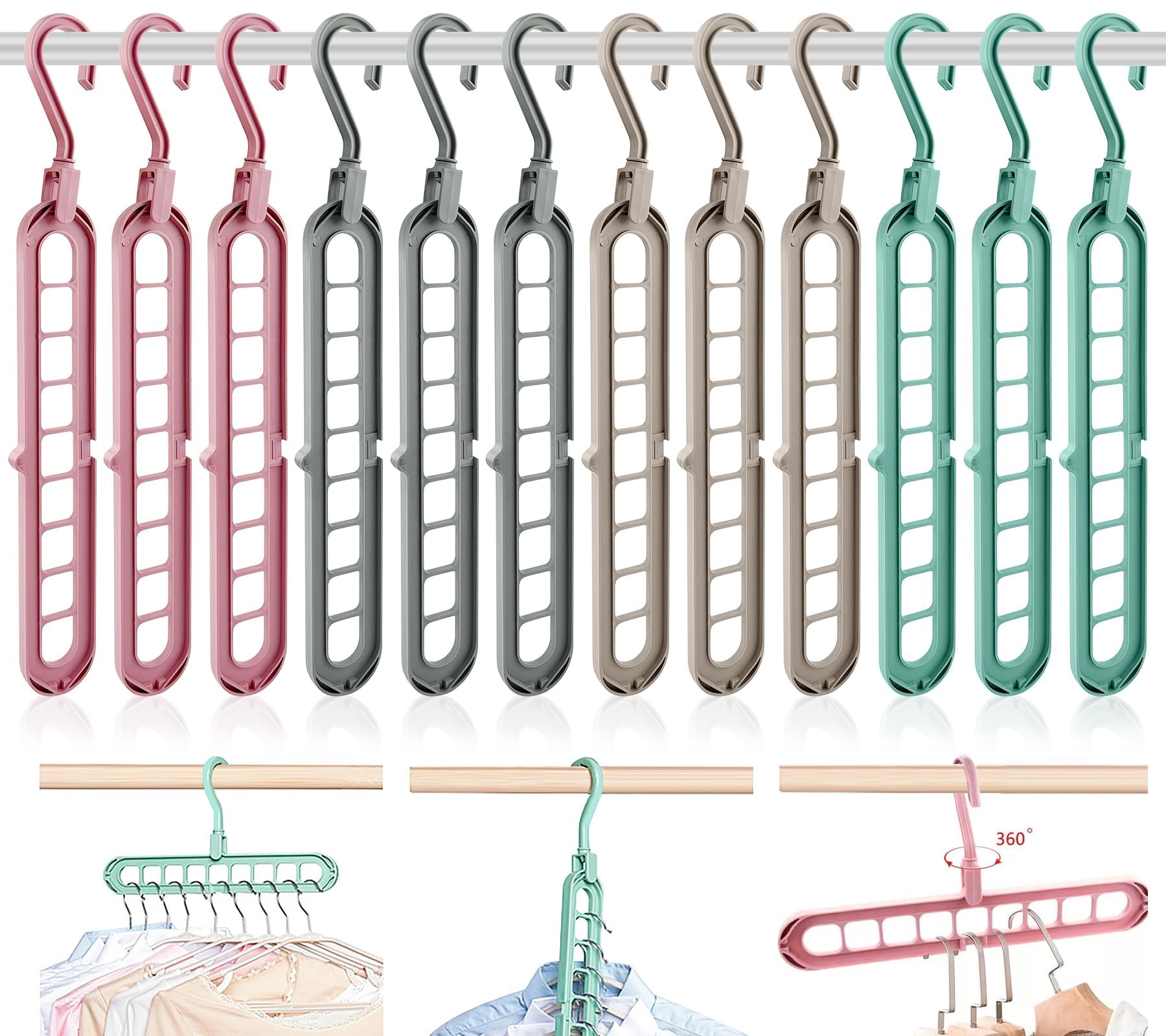 AMZ BITEFU 12 Pcs Magic Hanger Superior Quality Folding Multi Function Space Saving Hangers for Storage and Clothes Drying,Green/Beige/Pink /Gray