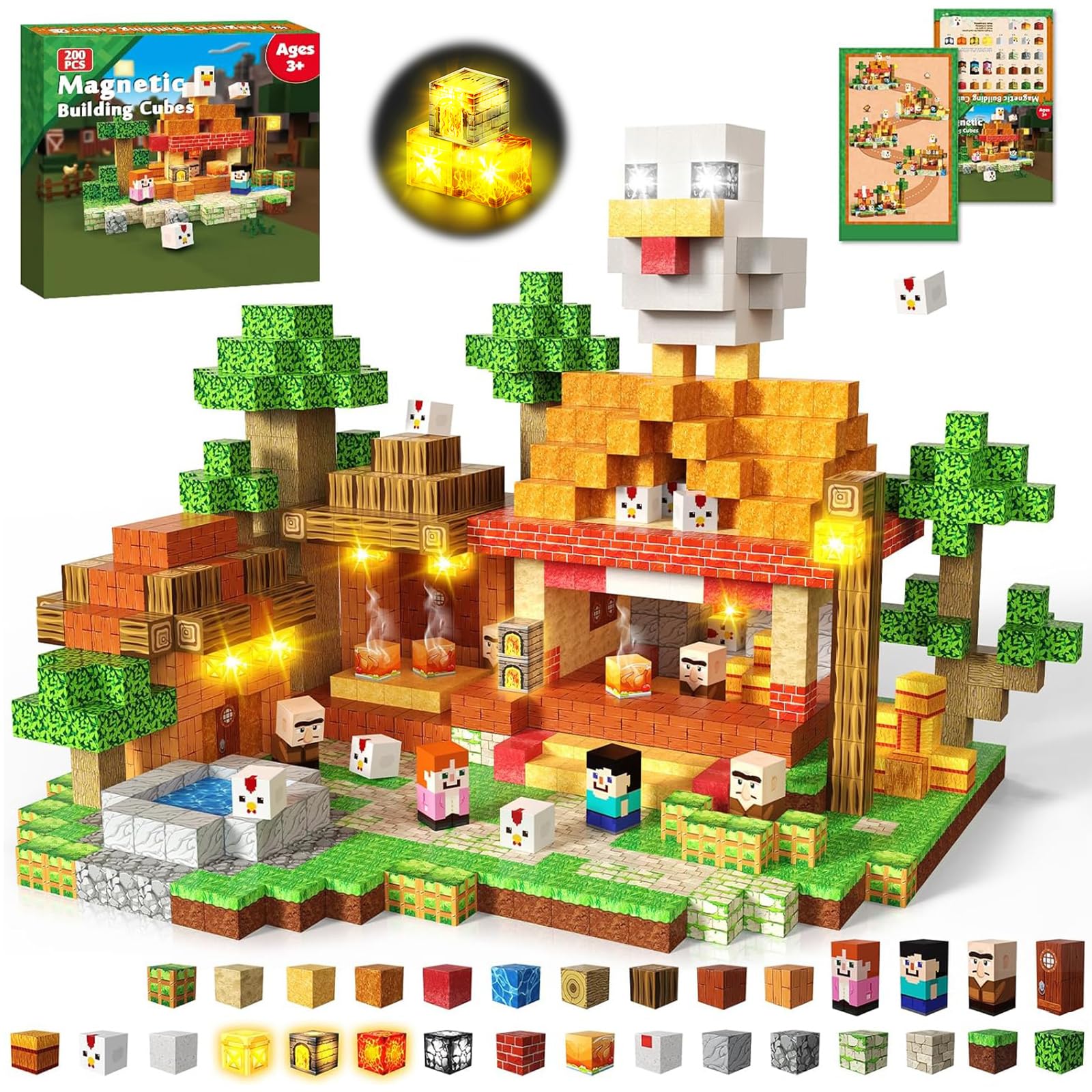 ToyUnited Magnetic Blocks - Roast Chicken 200PCS Magnetic Building Blocks Flashing Light Cubes, Stacking Tiles STEM Montessori Sensory Toys for Kids Boys Girls Ages 3 4 5 6 7 8 9 10 Birthday Gifts