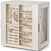 Vlando 360° Rotating Jewelry Box with 5 Drawers, Large Jewelry Storage with 2 Glass Window, PU Leather Jewelry Organizer for Bracelets, Necklaces, Earrings, Rings - Cloud White